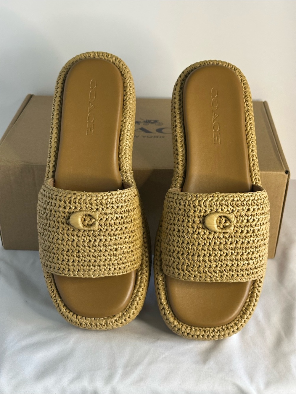 Coach Holly Raffia Espadrille Platform Slide Sandals in Natural Size 7.5 B